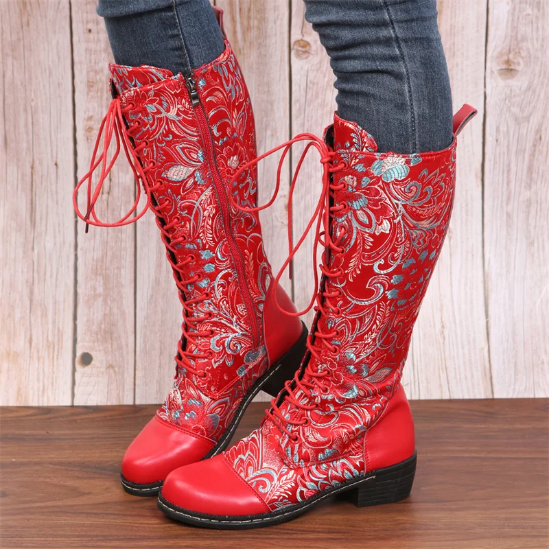 Bohemian Mid-calf Boots Women Sheep Leather Vintage Winter Boots Women Shoes Woman Zipper Chunky Block Heel Ladies Shoes