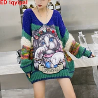 ed iqyipai chic sweaters for women heavy industry cat loose oversize casual pullovers oversize new street outwear knitted top