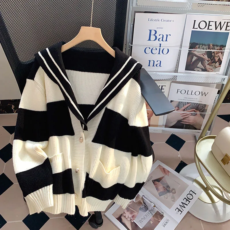 

Высококачественный свитер с матросским воротником, кардиган, осенние зимние свитера, свободные женские вязаные пальто в полоску с длинным ...