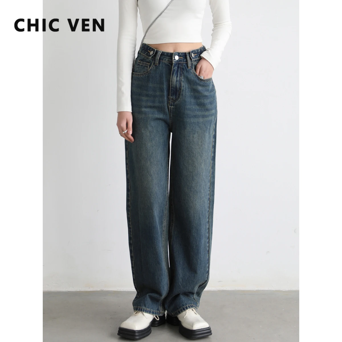 CHIC VEN Women Jeans Blue Retro Straight Women's Demin Pants High Waist Female Trousers Cotton Spring Autumn 2022