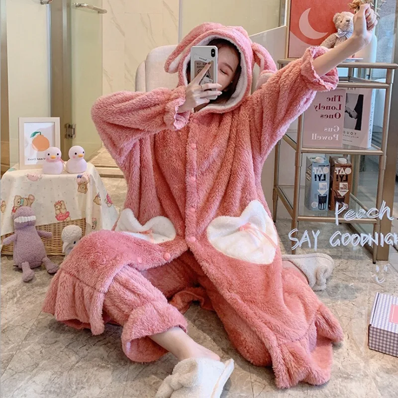 

2023 Kawaii Couple Pajamas Set Women Fleece Nightgown and Pants Sleepwear Cute Winter Plush Warm Long Dresses Robe Homewear Suit