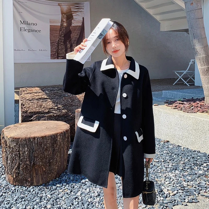 

Women Black Woolen Jacket 2022 Autumn Winter Elegant Chic Preppy Style Loose Casual Single Breasted Mid-long Overcoat Coat 2238