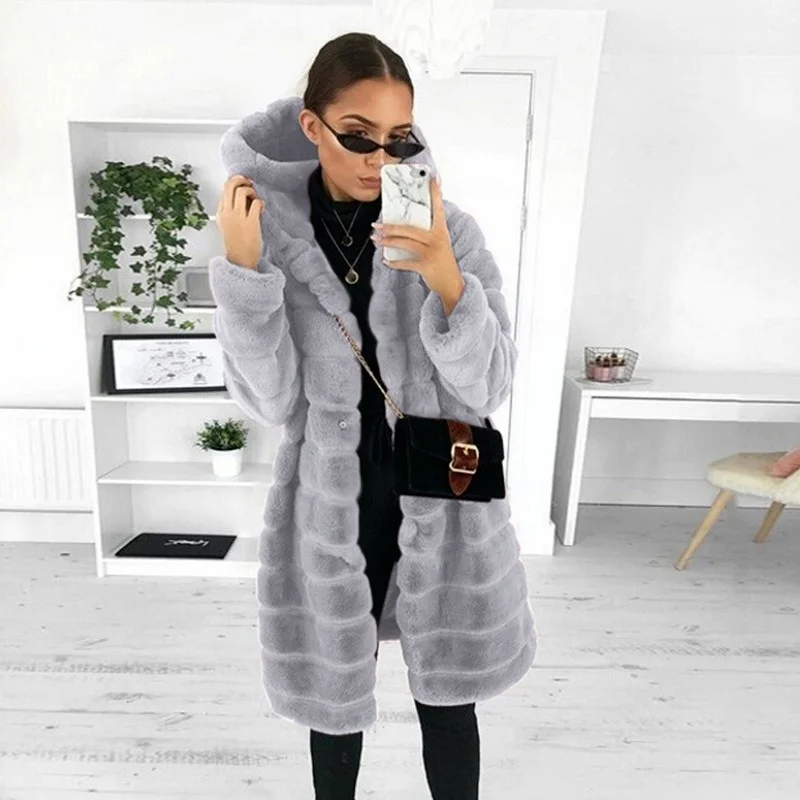 Fashion Retro Imitation Mink Fur Long Coats Outcoats Women Solid Colors Hooded Faux Fur Coats Big Pocket Casual Commute Outwears