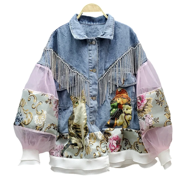 

Rhinestone Tassel Mesh Splicing Lantern Sleeve Embroidery Denim Jacket Women Loose Cowboy Outerwear Casual Jeans Jacket Female