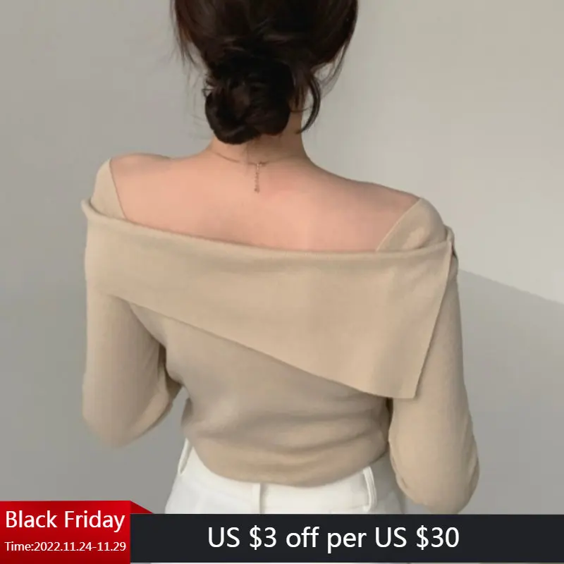 

Корейская шикарная вязаная футболка на раннюю осень с французским отворотом и открытыми плечами в Корейском стиле тонкая трикотажная футб...