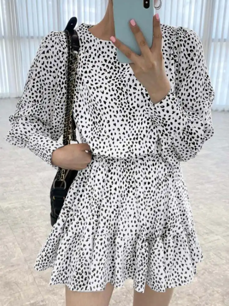 

ZANZEA Elegant Ruffled Patchwork Dress Women Leopard Printed Knee Sundress Casual Puff Sleeve Party Vestidos 2022 Oversized Robe
