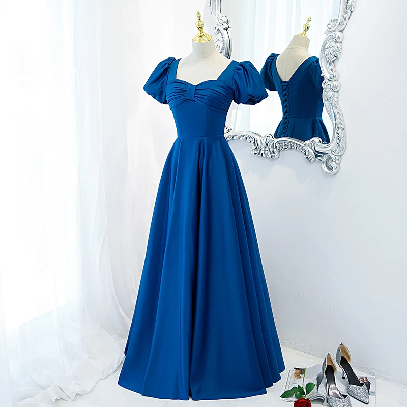 

Elegant Blue Satin Evening Dresses Robe De Soiree Sweet V Neck Puff Sleeve Party Ball Gown Formal A-line Plus Size Prom Dress
