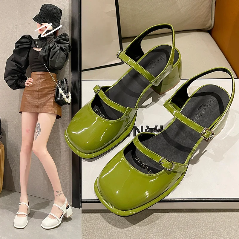 

Baotou Sandals Women's New Style In 2023 Summer Retro Square Head Button with Mary Jane Back Empty Thick Heel Shoes Spring