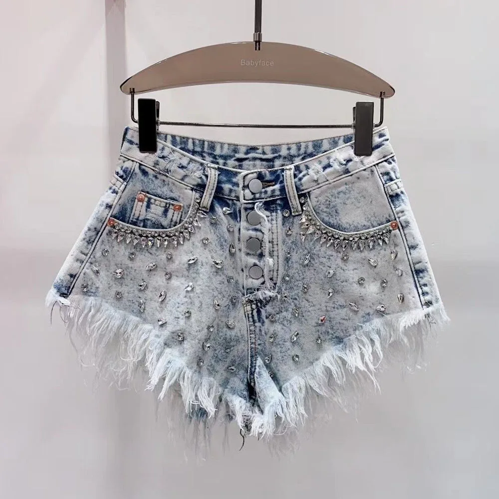 Design Sense Exquisite Rhinestone Raw Edge Denim Shorts Female Summer New Loose Slimming High Waist Wide Legs A-line Booty Pants
