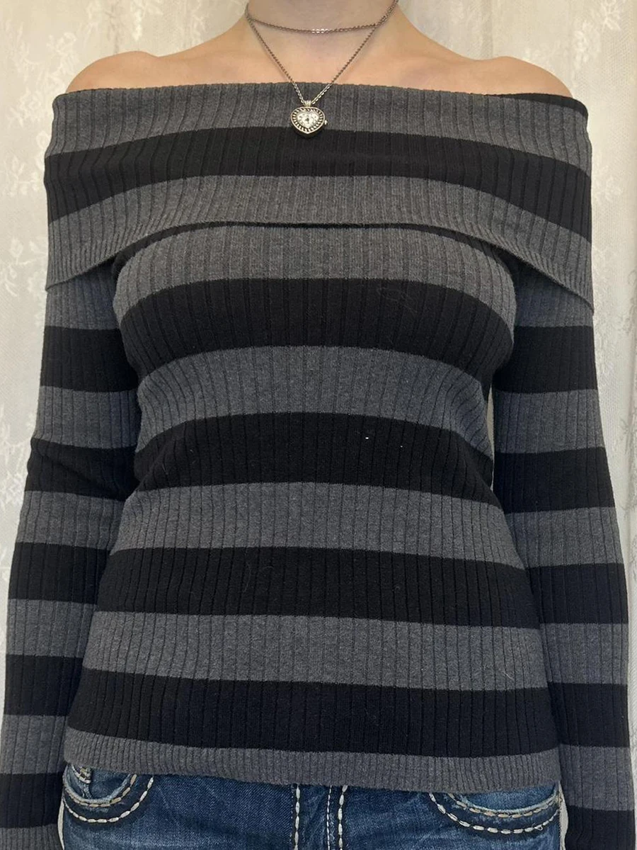 

Женский полосатый облегающий свитер Y2k с открытыми плечами, базовые вязаные топы с длинным рукавом, пуловер, осенняя трикотажная одежда
