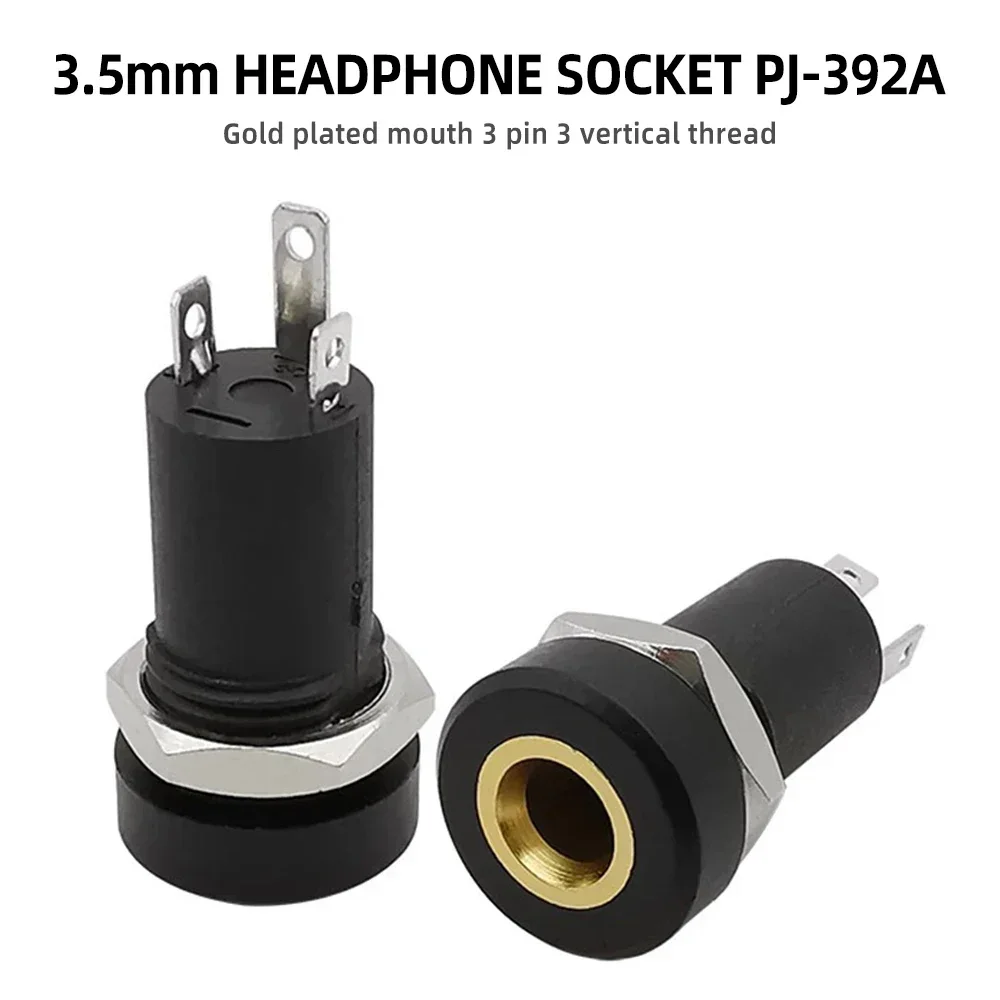 

5PCS PJ392A 3.5MM Audio Jack Socket 3 Pole Black Stereo Solder Panel Mount Gold With Nuts PJ-392A