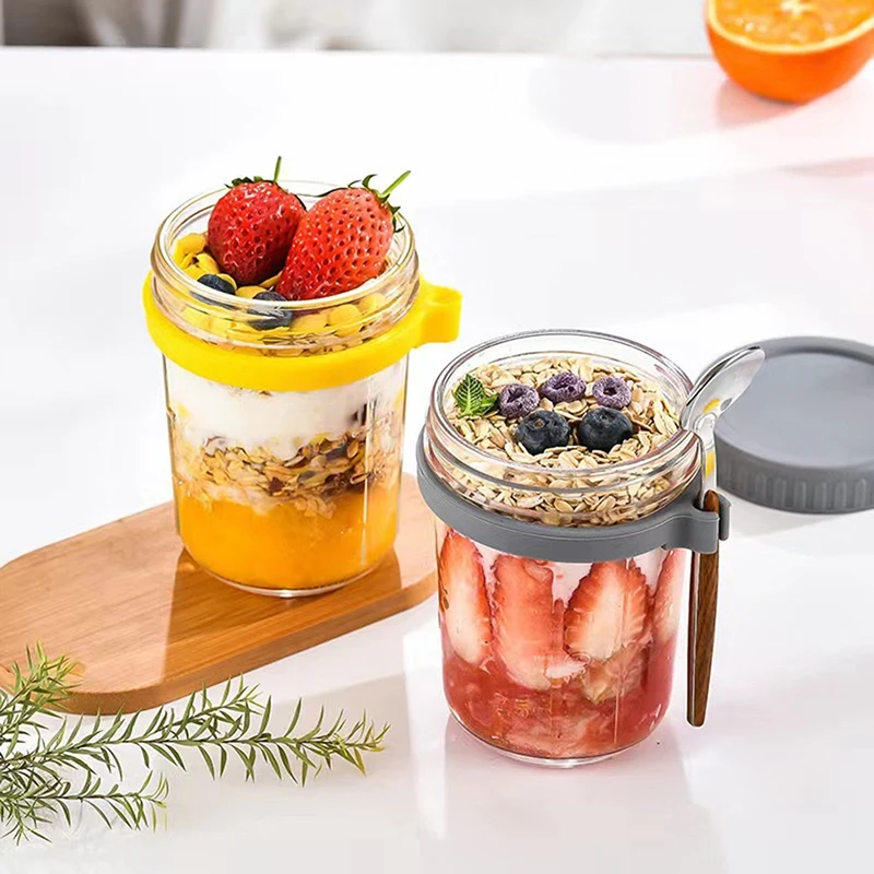 

Overnight Oats Jars Milk Fruit Salad Food Storage Container Glass Breakfast Cup with Lid and Spoon Mason Jars Kitchen Item