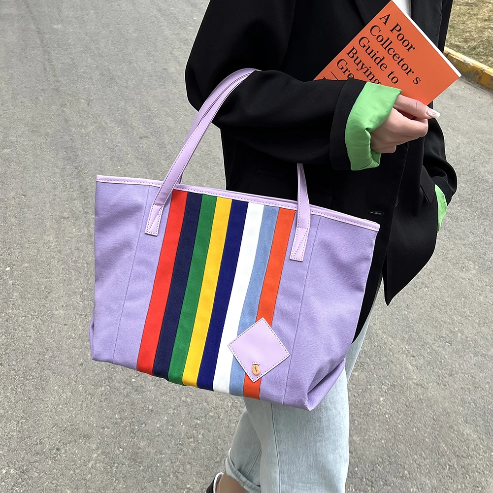 

Модная Холщовая Сумка-тоут через плечо для женщин, вместительная дамская сумочка с подмышками контрастных цветов радуги в стиле ретро, клат...