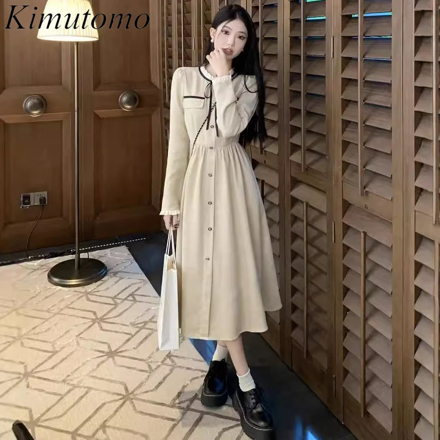 Kimutomo маленькое ароматное платье для женщин контрастное миди на шнуровке с