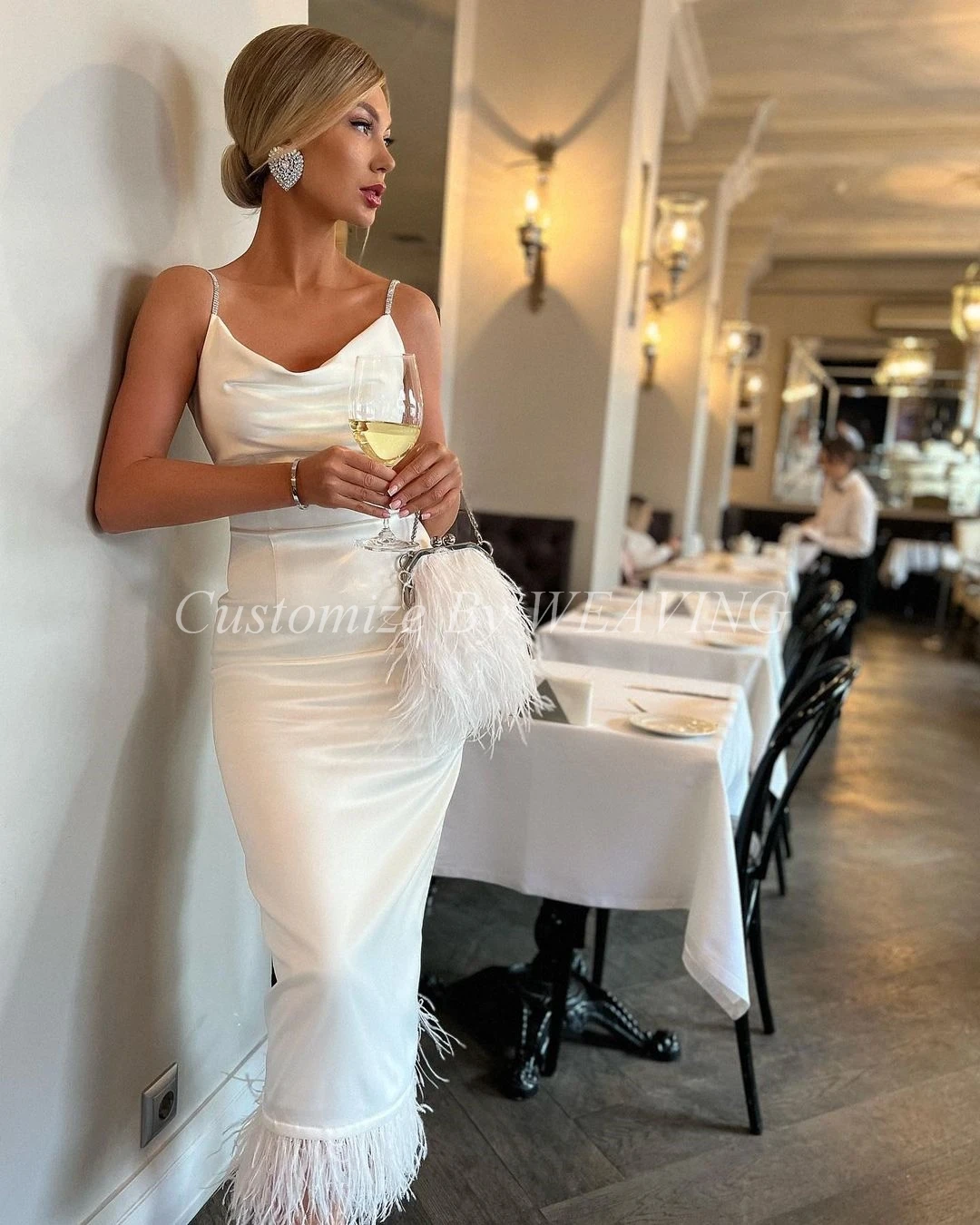 

Mermaid White Satin Long Prom Dresses Spaghetti Feathers Ankl Length Saudi Arabia Women Evening Party Dress