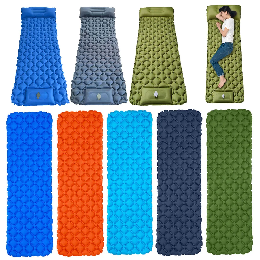 

Outdoor Camping Sleeping Pad Inflatable Mattress with Pillows Ultralight Air Mat Built-in Inflator Pump Travel Hiking Cushion