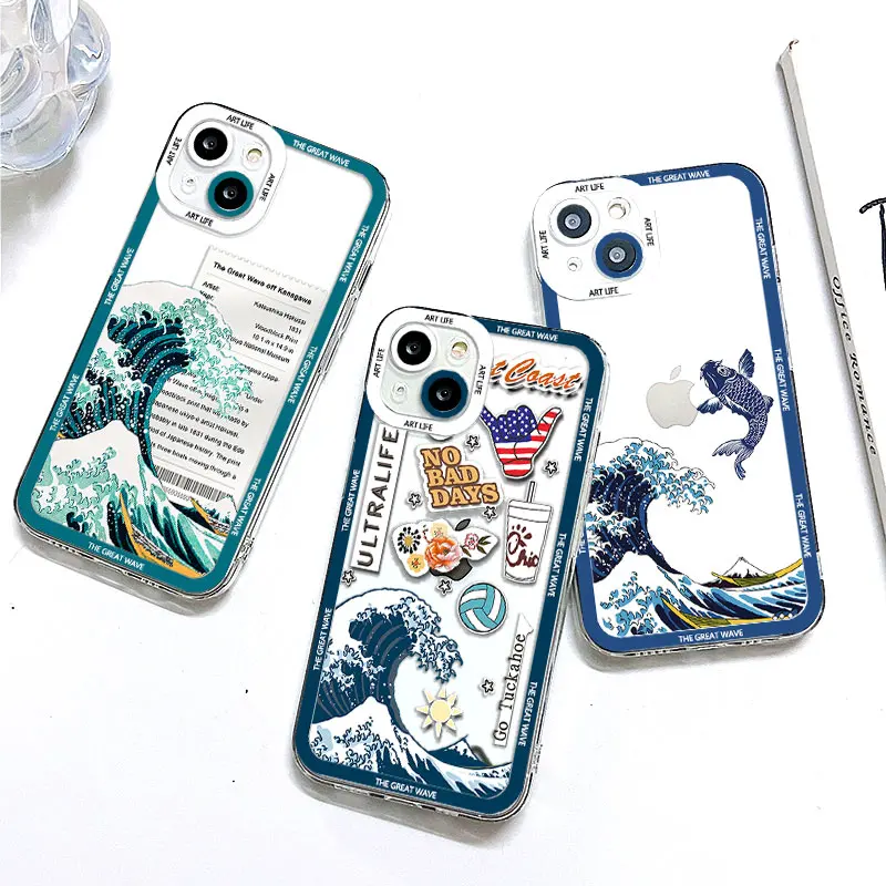 

The Great Wave Off Kanagawa Phone Case For iPhone 14 13 12 11 Pro Max Mini X XR XSMAX SE20 8 7 6 6S Plus Transparent TPU Cover