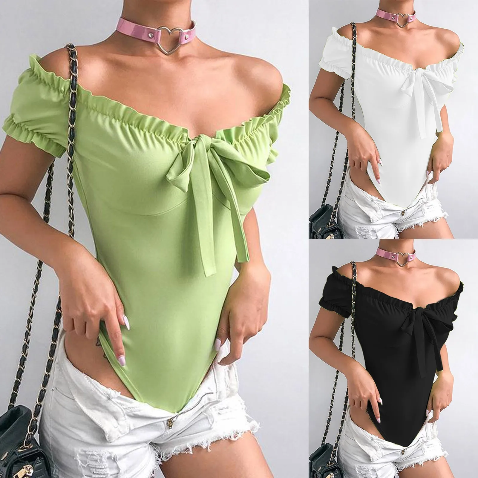 

Jumpsuit Ladies' Fresh Shaping Ruffled One-neck Small Bodysuit Bow-knot Women's Jumpsuit