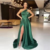 verngo a line green satin long prom dresses one shoulder applique slit sexy evening gowns different style party formal dress