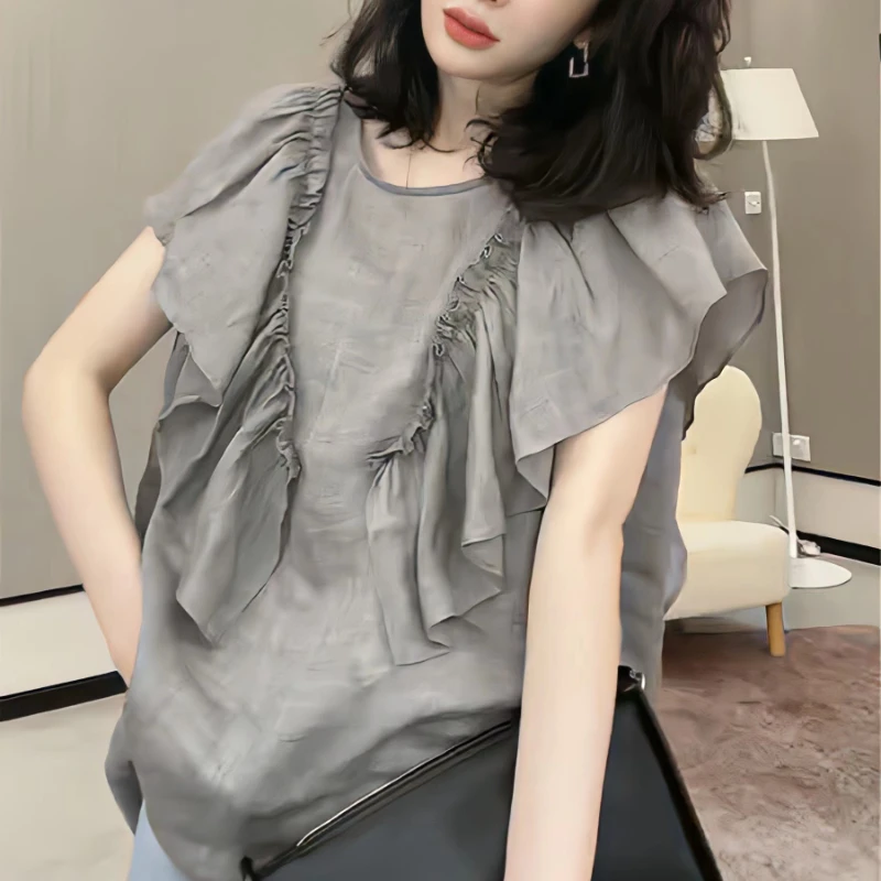 

Серая шифоновая женская блузка с оборками, летняя, винтажная, 2023, свободная, легкая, повседневная, женские топы