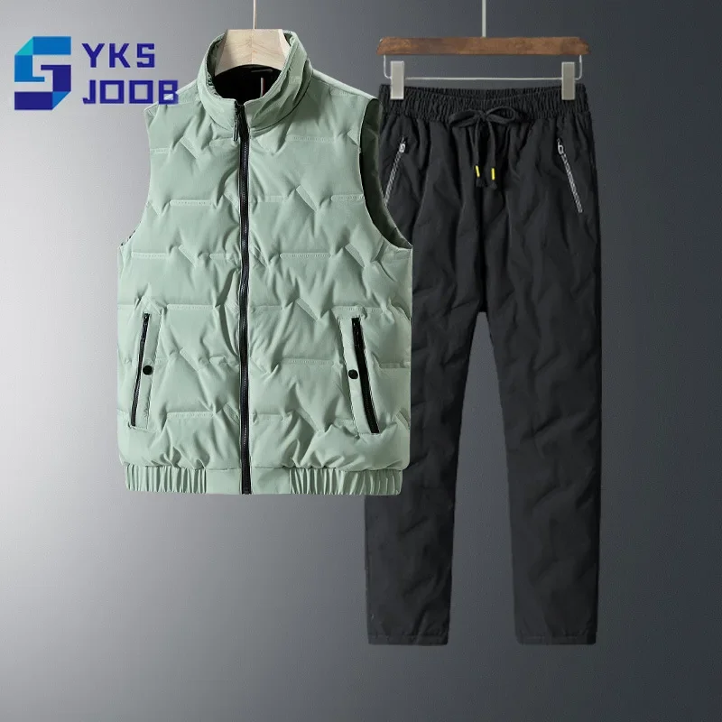 

Пуховой жилет, мужской повседневный, ветрозащитный, теплый, со стоячим штативом, брюки, комплект из двух предметов, модные повседневные универсальные дышащие костюмы, Новинка