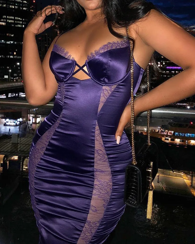 

Женское сексуальное контрастное Кружевное облегающее атласное платье на бретельках