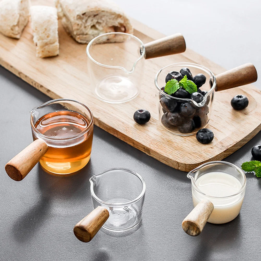 

50ml/80ml Heat Resistant Espresso Shot Glass Wooden Handle Single Spout Cup Glass for Wine Milk Coffee Measuring Mugs