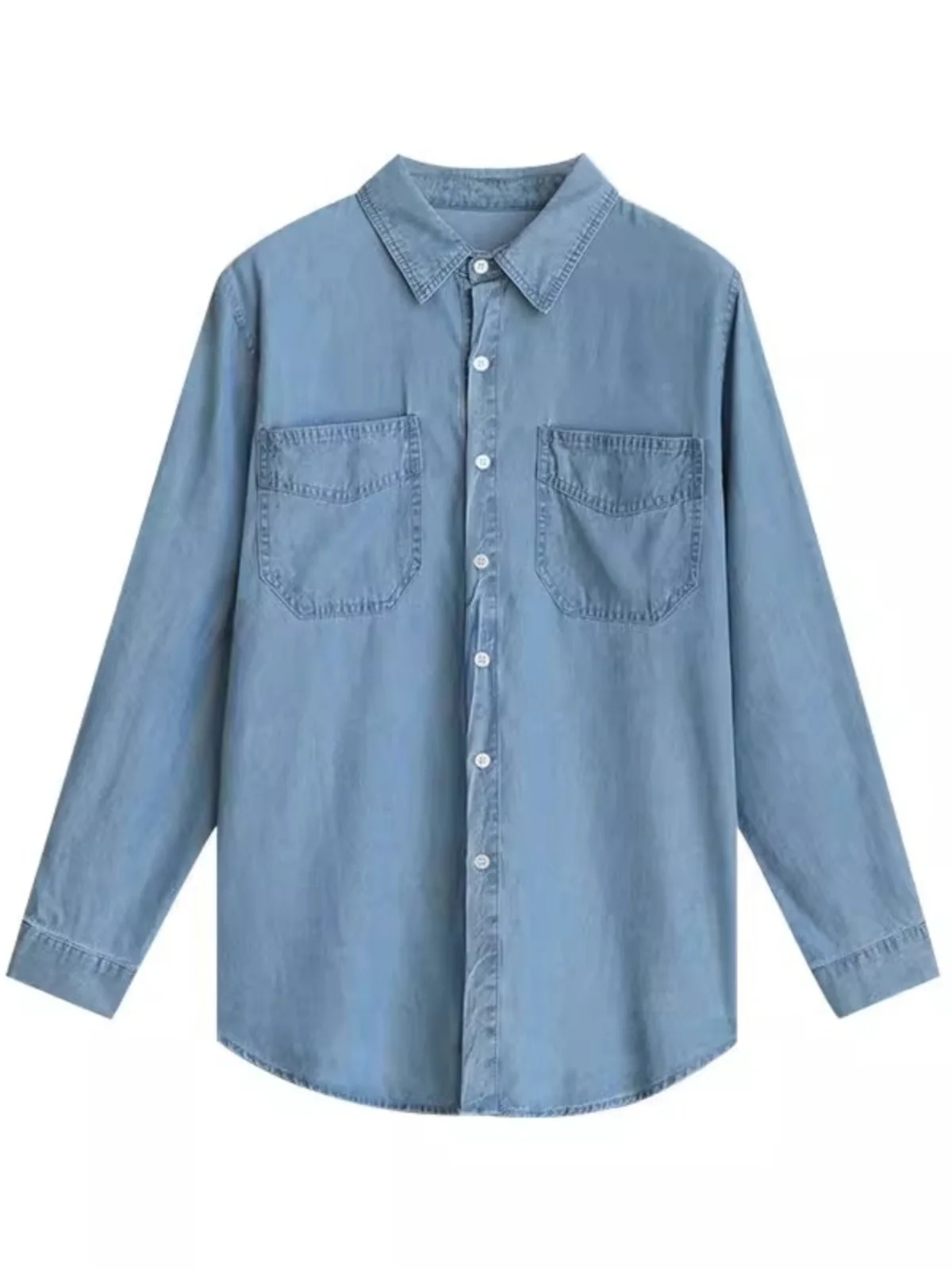 Design Sense Demin shirt Women Autumn and Winter Loose Stacked Inner wear Shirt Retro Hong Kong Flavor Slimming Soft Top Oute...