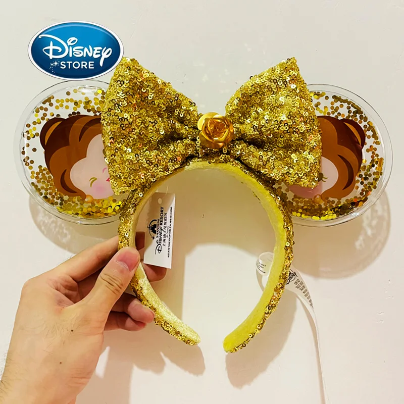 

Новинка 2022, повязка на голову Disney Belle, повязка на голову в виде мультяшной принцессы, подушка на ухо для взрослых/детей, повязка на голову с блестками и бантом, золотистая