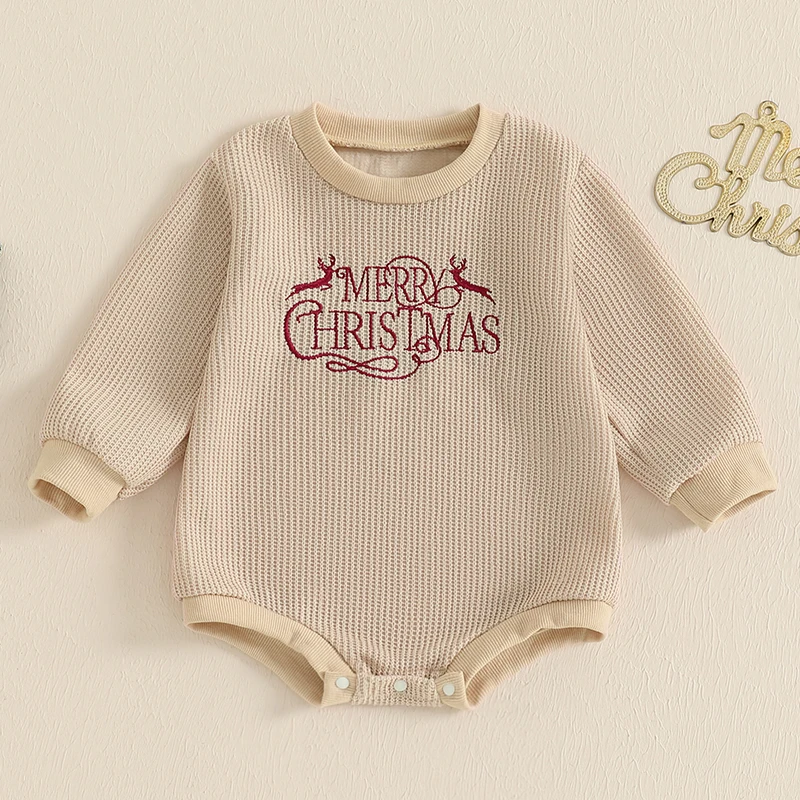 Baby Knit Romper Long Sleeve Crew Neck Embroidery Letters Bodysuit Christmas Sweater for Casual Daily