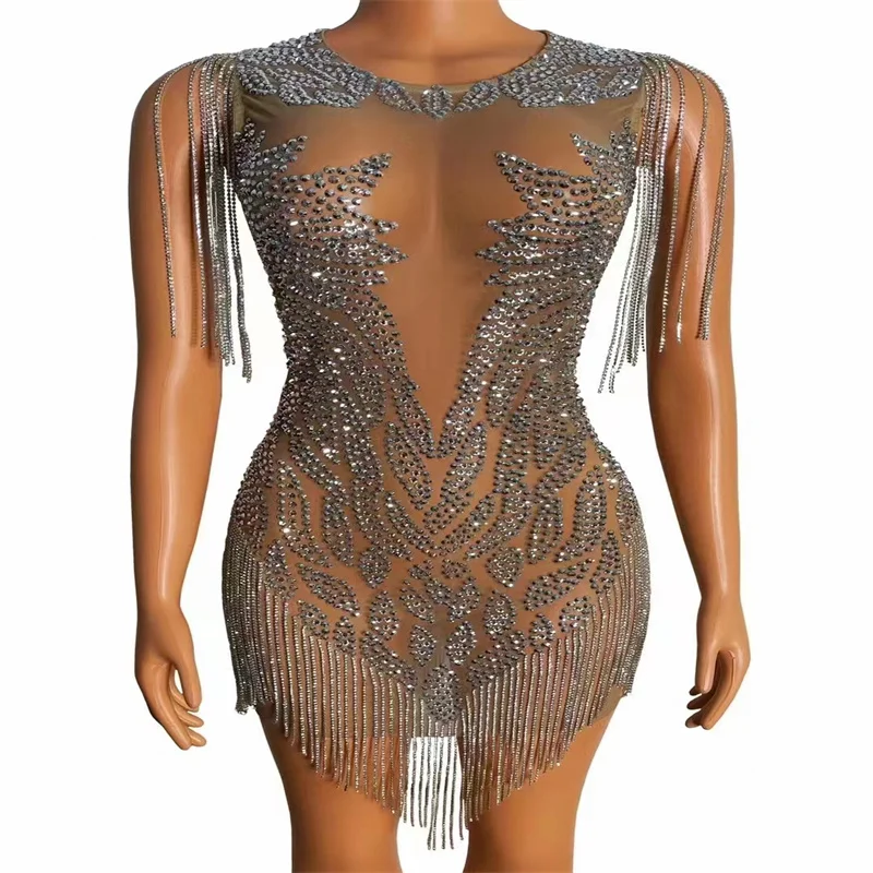 

ZA16 Сексуальная Женская сценическая одежда, Сетчатое платье со стразами без рукавов, стрейчевая блестящая цепочка с кисточками, эластичная прозрачная юбка, планка