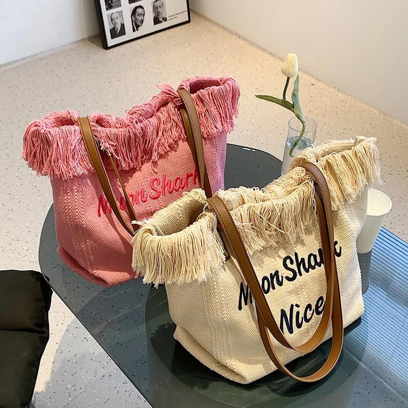 

Ladies New Fashion Design Luxury Tote Bags Leather Handle Bohemian Large Size Shoulder Bag Women Fringe Tassel Canvas Beach Bag