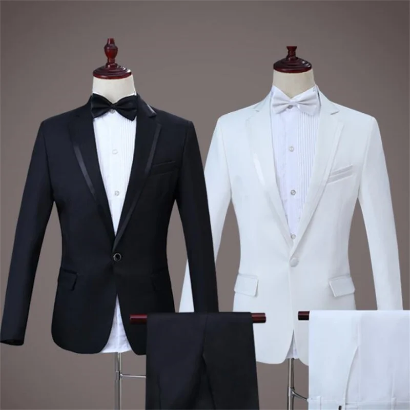 Black white blazer men groom suit set with pants mens wedding suits costume singer star style stage clothing formal dress