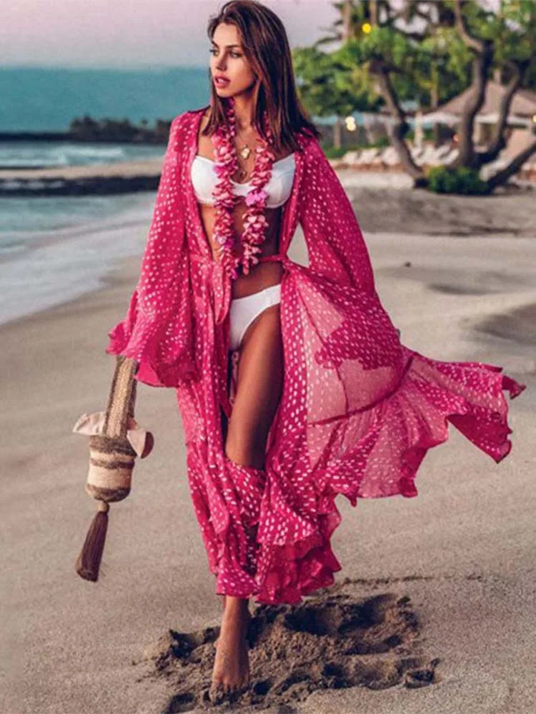 

Свободный шифоновый кардиган в горошек, розовая Пляжная накидка с принтом для женщин, элегантное женское платье с длинным рукавом, Повседневный Сарафан, пляжная одежда