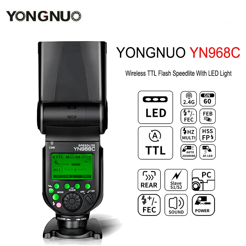 

YONGNUO YN968C Вспышка Speedlite для Canon Nikon DSLR совместимая с YN622C Беспроводная TTL HSS Speedlite 1/8000 со светодиодсветильник кой