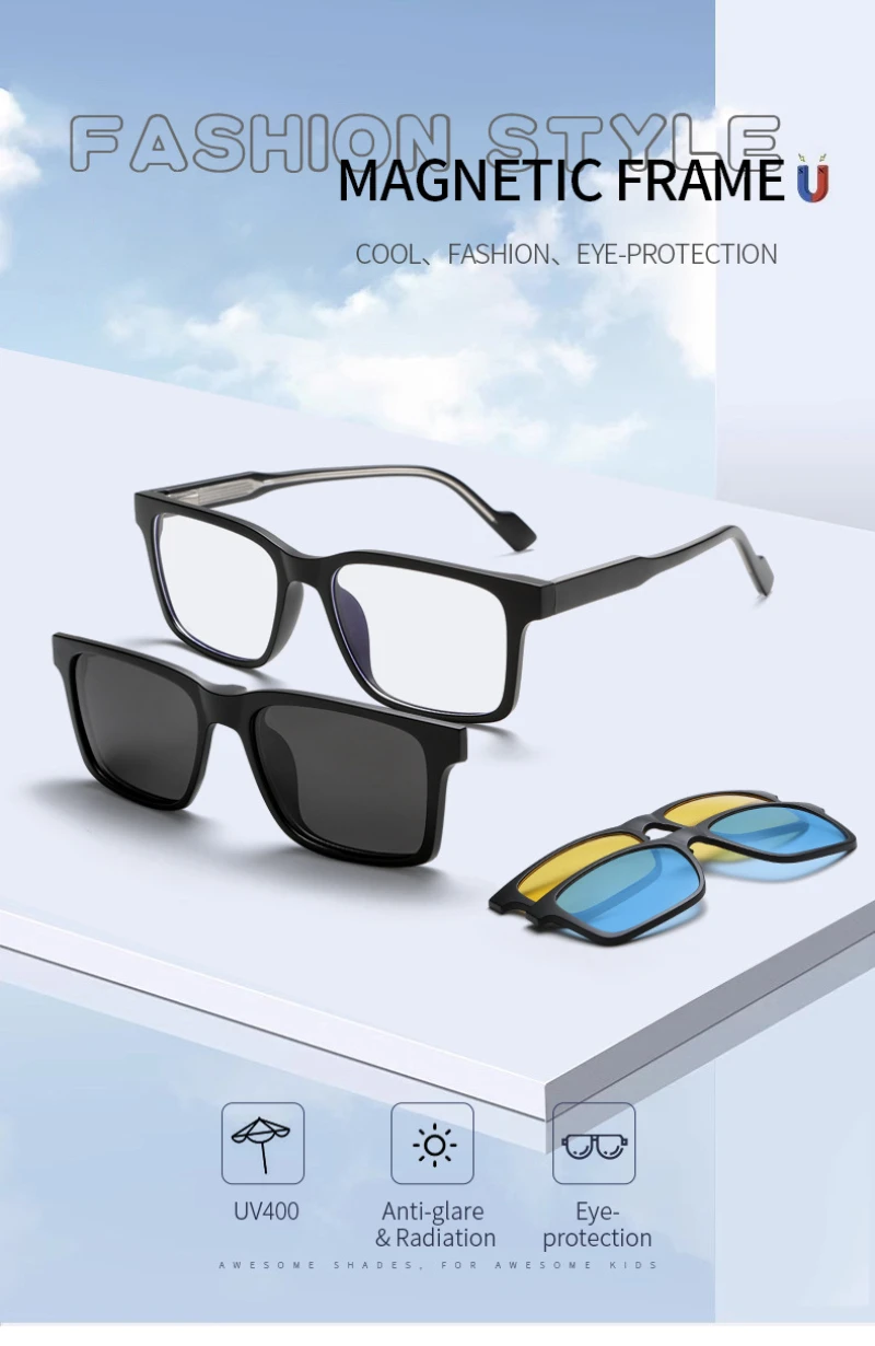 Фото Очки BEMORE Square Acetate Clip-on с диоптриями, женские, поляризационные, с защитой от УФ400, магнитные, оптические №3