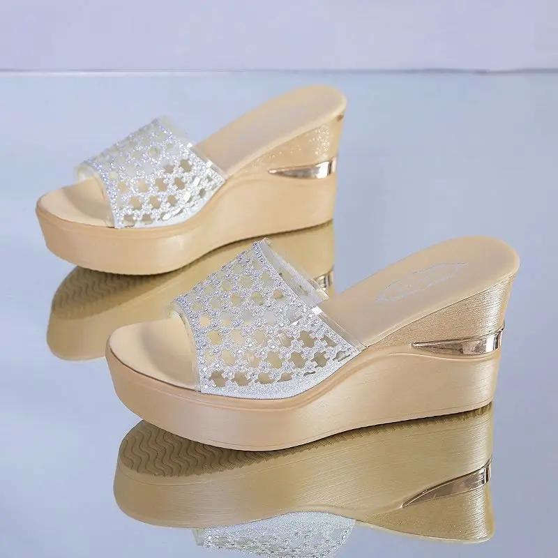 2023 Summer Ladies High Heel Sandals For Famele Summer Peep Toe Lace Mesh Wedge Heels Sandal Women Shoes Indoor Slippers