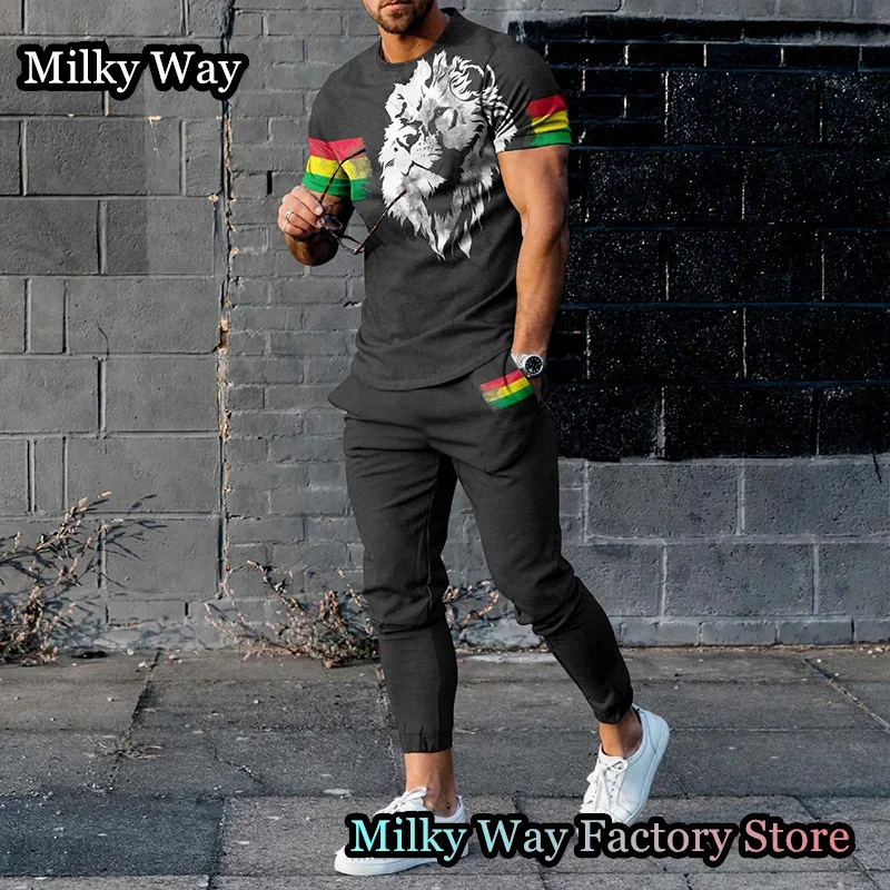 Summer Men Tracksuit 2 Pieces Lion King Printing T-Shirt Trousers Set Casual Jogging Suit Fashion Outfit Male Animal Streetwear