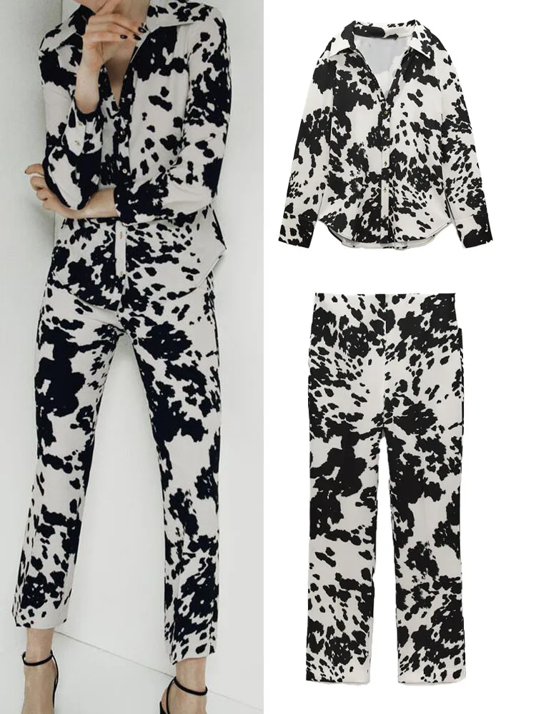 

Zach AiIsa Spring Counter Quality New Retro Fashion Animal Print Shirt + High Waist Straight Casual Small Flared Pants