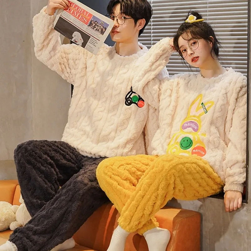 QUHENG 2022 Winter Long Sleeve Couple Thick Warm Flannel Pajama Sets for Men Cute Cartoon Sleepwear Women Homewear Home Clothes