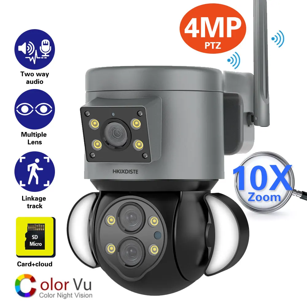 

HD 10X Optical Zoom 4MP Multiple Lens PTZ Dual Camera Smart Floodlight Camera Linkag Two Way Audio Alarm Motion Tracking Camera