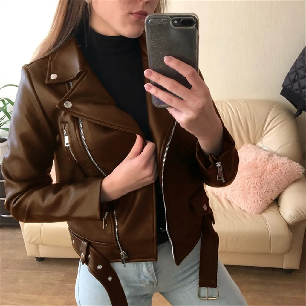 2023 Faux Leather Jackets Women Casual Zipper Motorcycle Long Sleeve Slim Coats Winter Oversized Punk Fashion Brown Streetwear