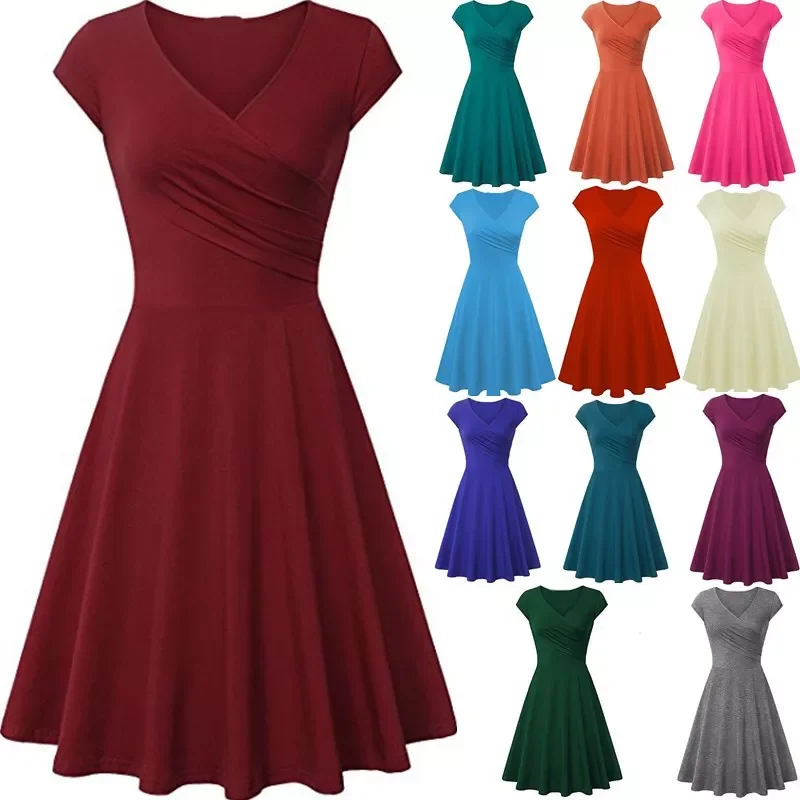 

2022New Women's Solid Color Summer Slim Swing Dress 2021 Sexy Plus Size Office Versatile Mini Dress Retro V-neck Beach Dress