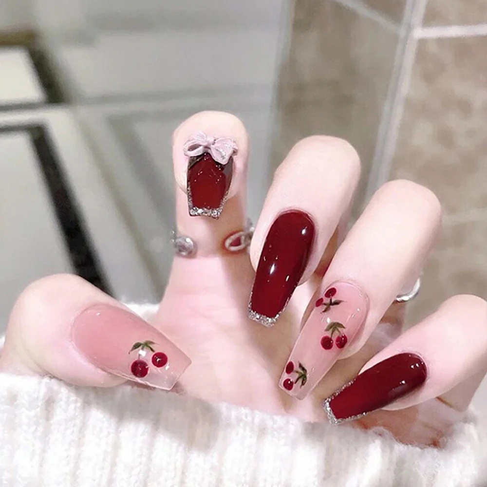

24Pcs Coffin Press on Nails Full Finished Deep Red False Nails Cherry Pattern Fake Nails for Women and Girls Fake Nail Patch