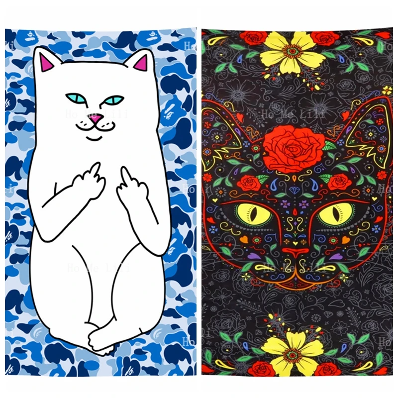 

Middle Finger Cat Blue Camouflage Background And 3d Trippy Dark Sugar Kitty Cool Hippie Meow Art Tapestry By Ho Me Lili