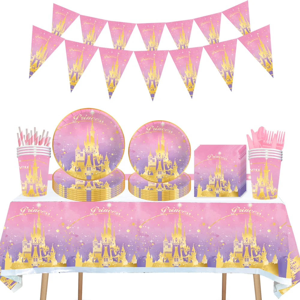 

Pink Princess Castle Theme Baby Shower Disposable Tableware Set Paper Cups Napkins Plates Banner Straw Party Birthday Decoration