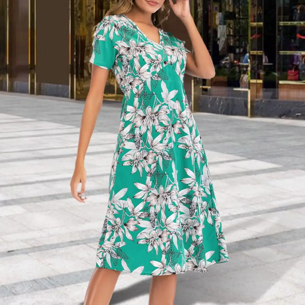 

Elegant Women Dress V-Neck Short Sleeve Loose Hem Sweet Dress Summer Floral Print A-Line Midi Dress Female Clothing Streetwear