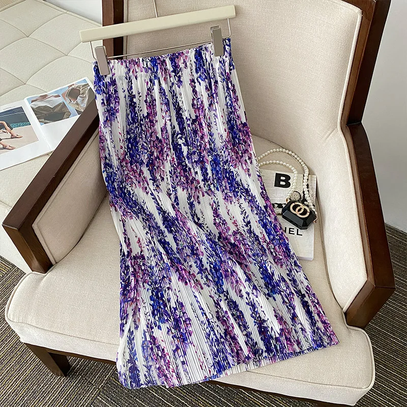 

YCMYUNYAN 2023 New Folds Skirt Spring/summer Floral High Waisted Loose A-LINE High Street Chiffon Print Women Pleated Skirts