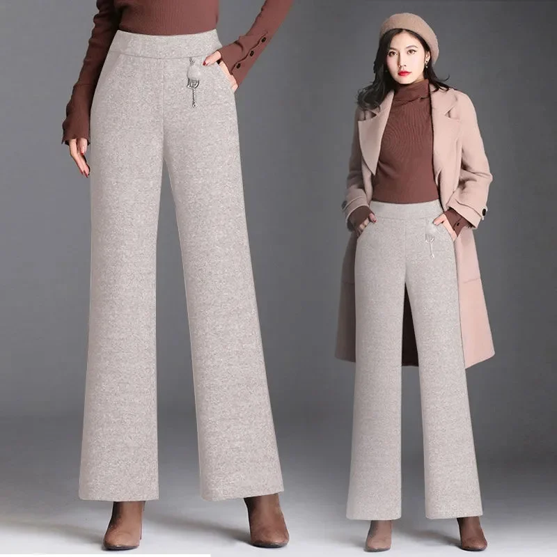 Women Woolen Micro Flared Pants 2023 New Autumn/Winter Woolen Pants Fashion High Waist Straight Pants Female Casual Trousers 4XL