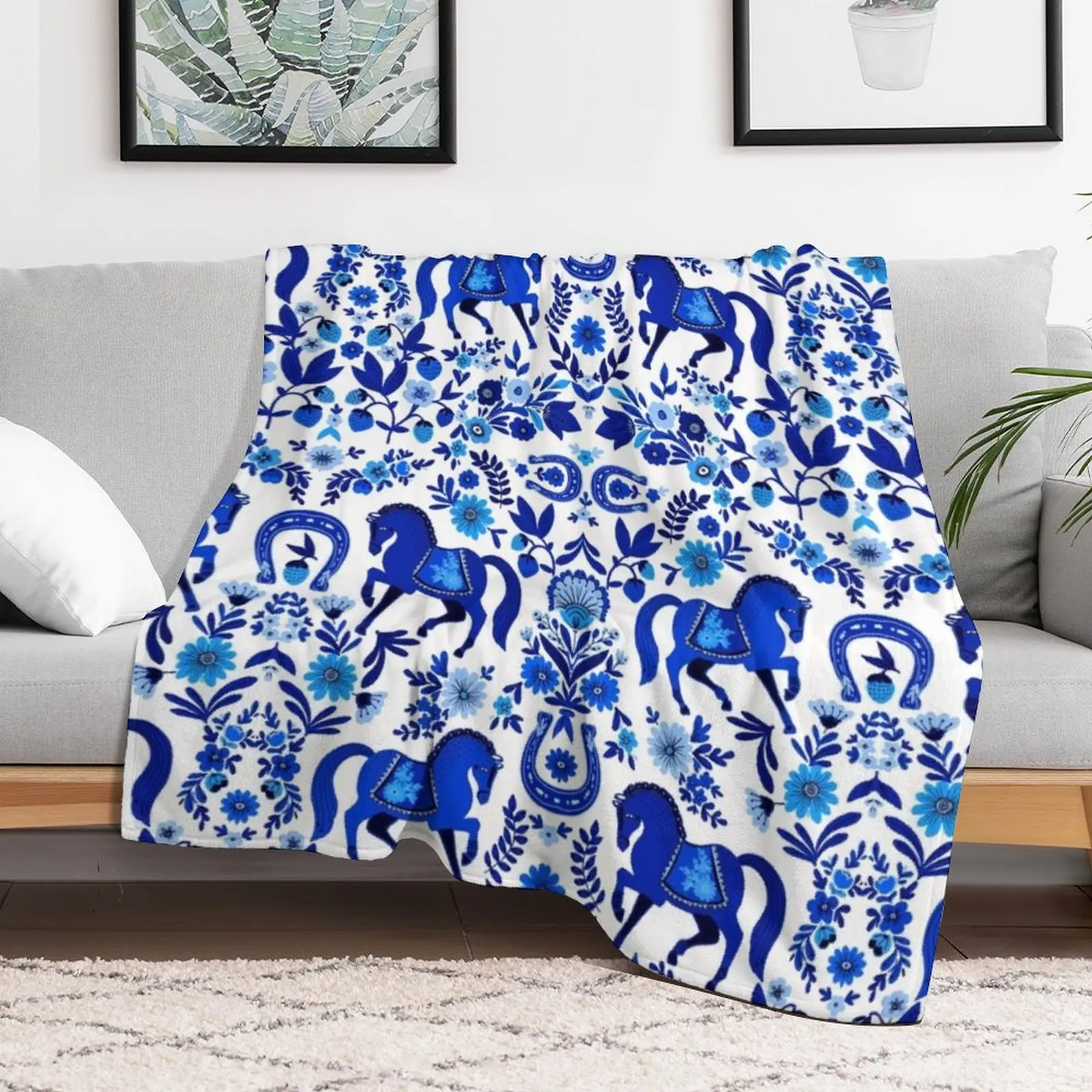 Одеяло в стиле ретро с изображением Синей Лошади симпатичное клетчатое